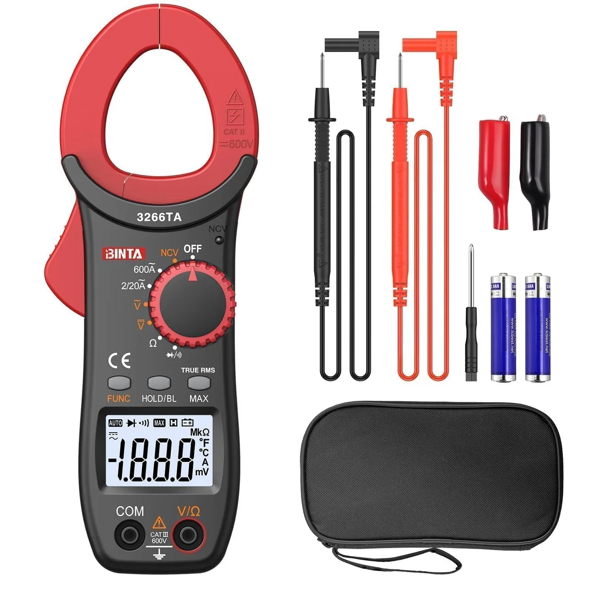 Big Ant digital clamp meter, black handheld unit with hinged jaw, backlit LCD, test leads and alligator clips included