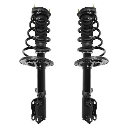 Two fully assembled rear strut units with coil springs and top mounts