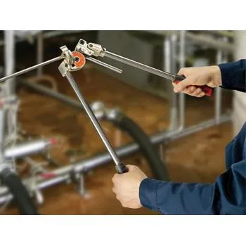 Silver stainless steel tube bender with long handles and curved forming die for half inch tubing