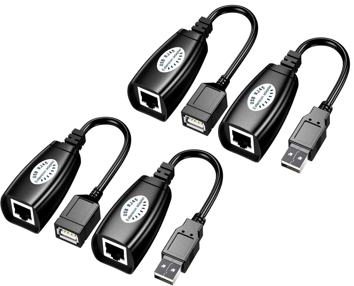 Two black USB-to-RJ45 extender adapters in plastic housings