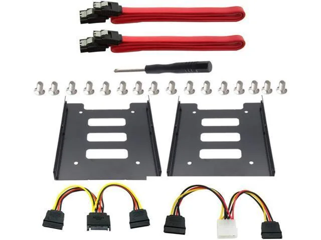 Red metal bracket kit with SATA and power cables for two 2.5 inch drives in a 3.5 inch bay