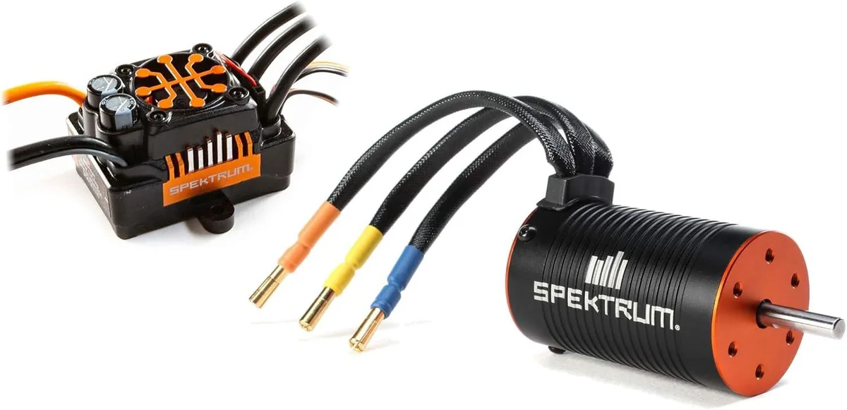 Black brushless motor and ESC combo unit with wiring visible