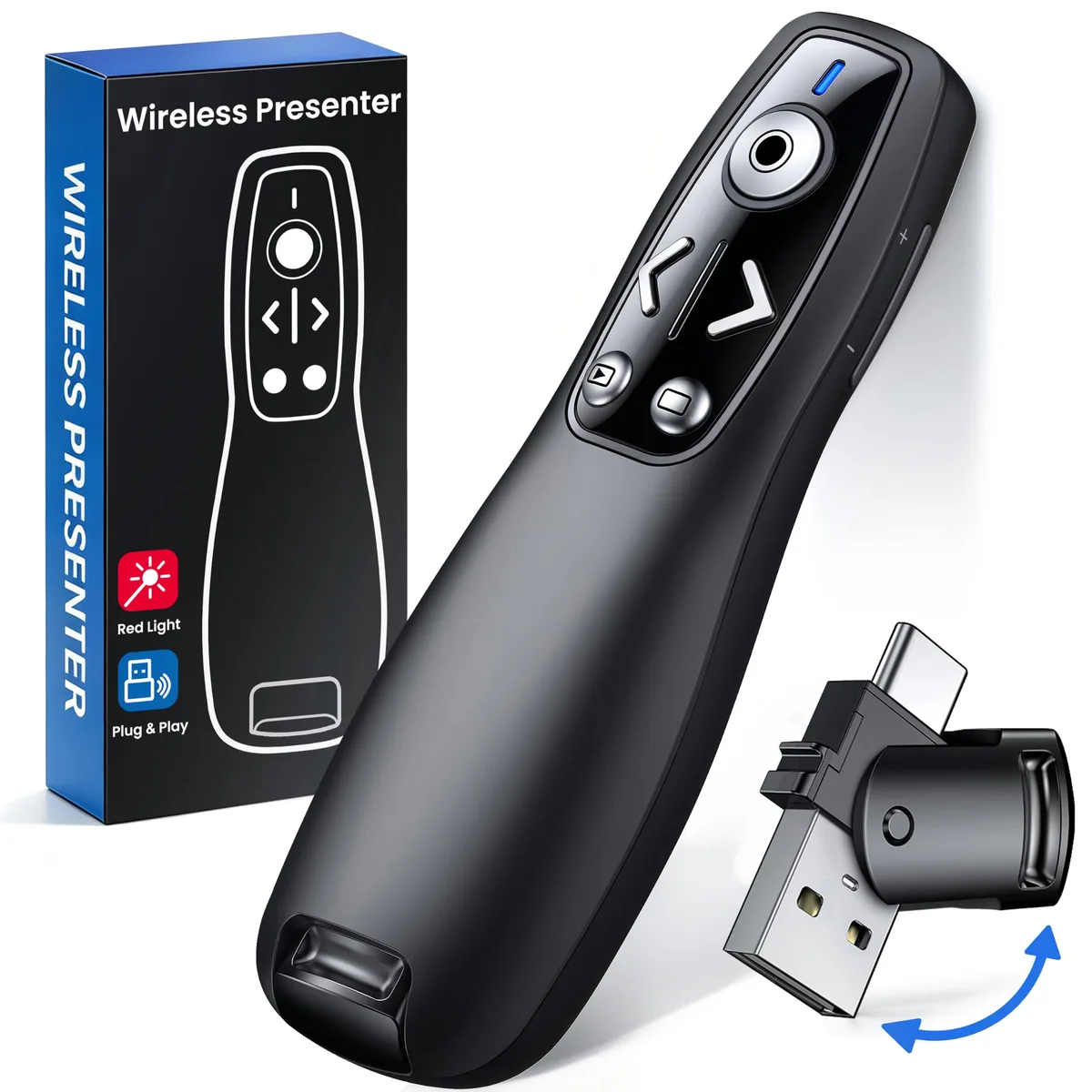 Black wireless presenter remote with dual USB-A and USB-C receiver, ergonomic soft-touch finish, red laser pointer