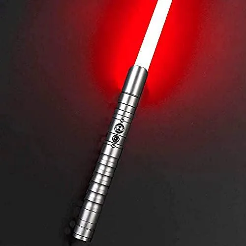 Silver-grey metal hilt lightsaber with red glowing blade, 27cm handle