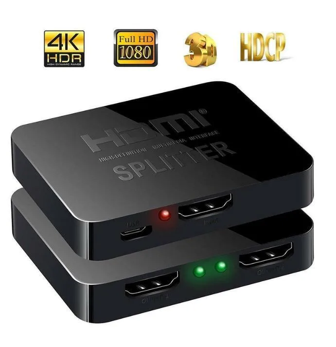 Black HDMI splitter box with one input and two output ports, short attached cable
