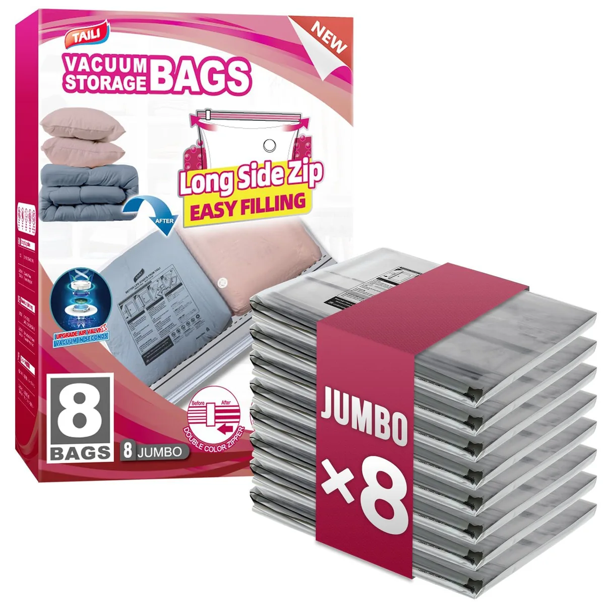 Eight flat black vacuum storage bags with long side zippers and valves