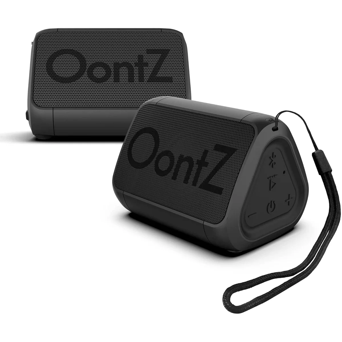 Two compact black triangular Bluetooth speakers with lanyards