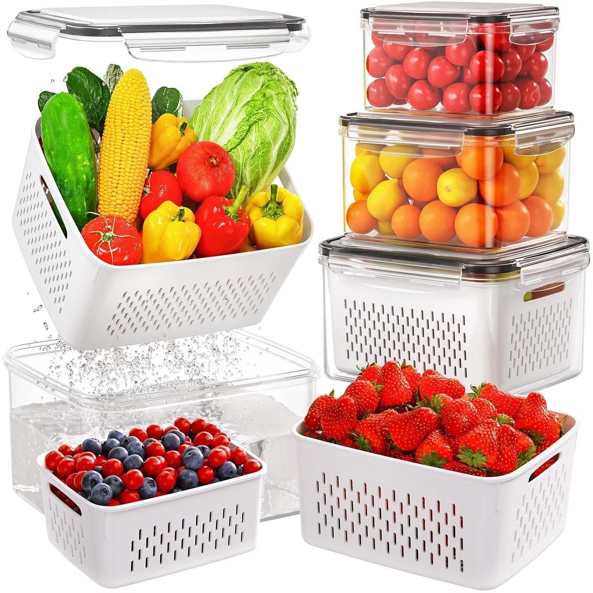 Four clear plastic containers with lids and inner colanders, sizes from 13 oz to 106 oz