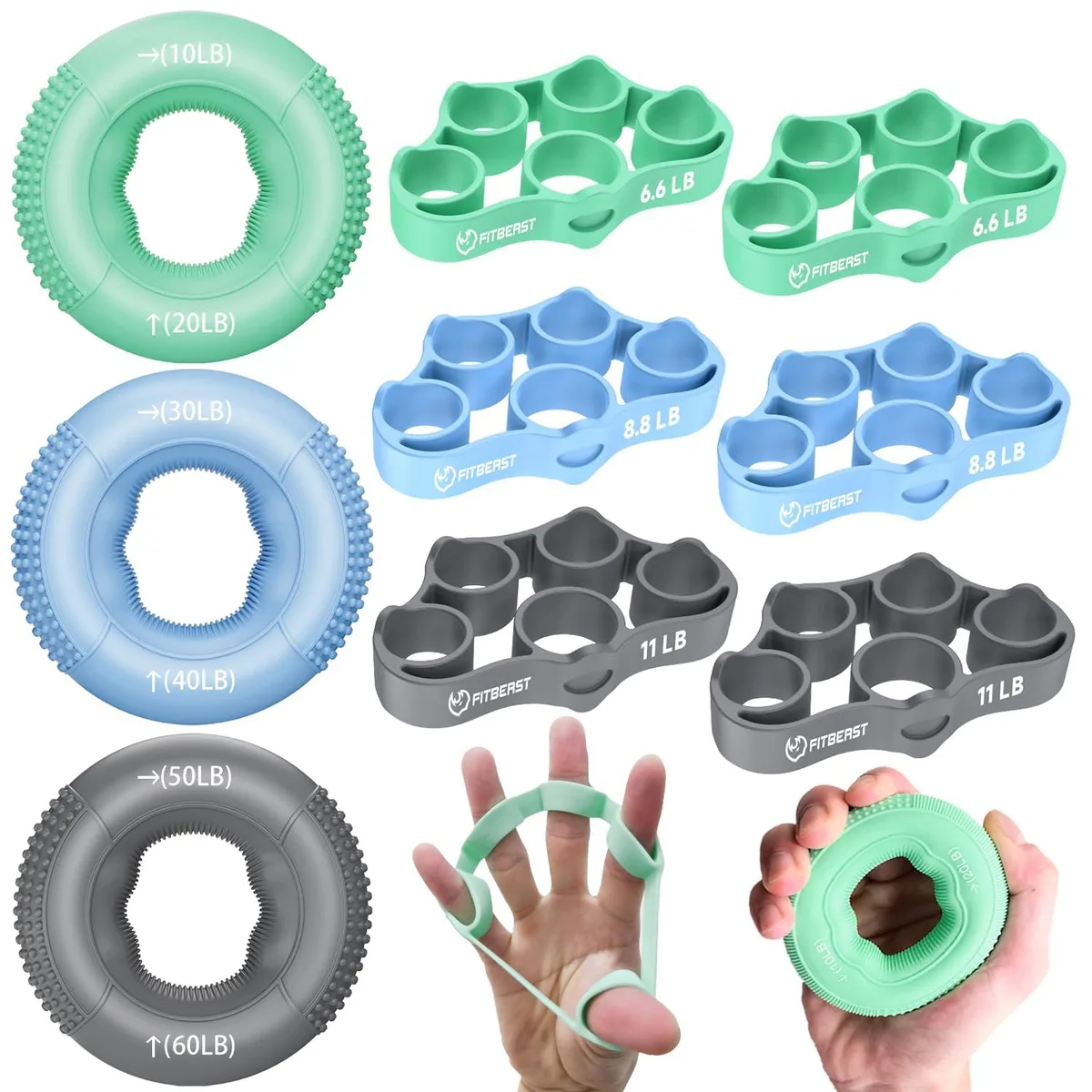 FitBeast Grip Strength Trainer 9-Piece Kit (Green) 10-60 lbs — product photo