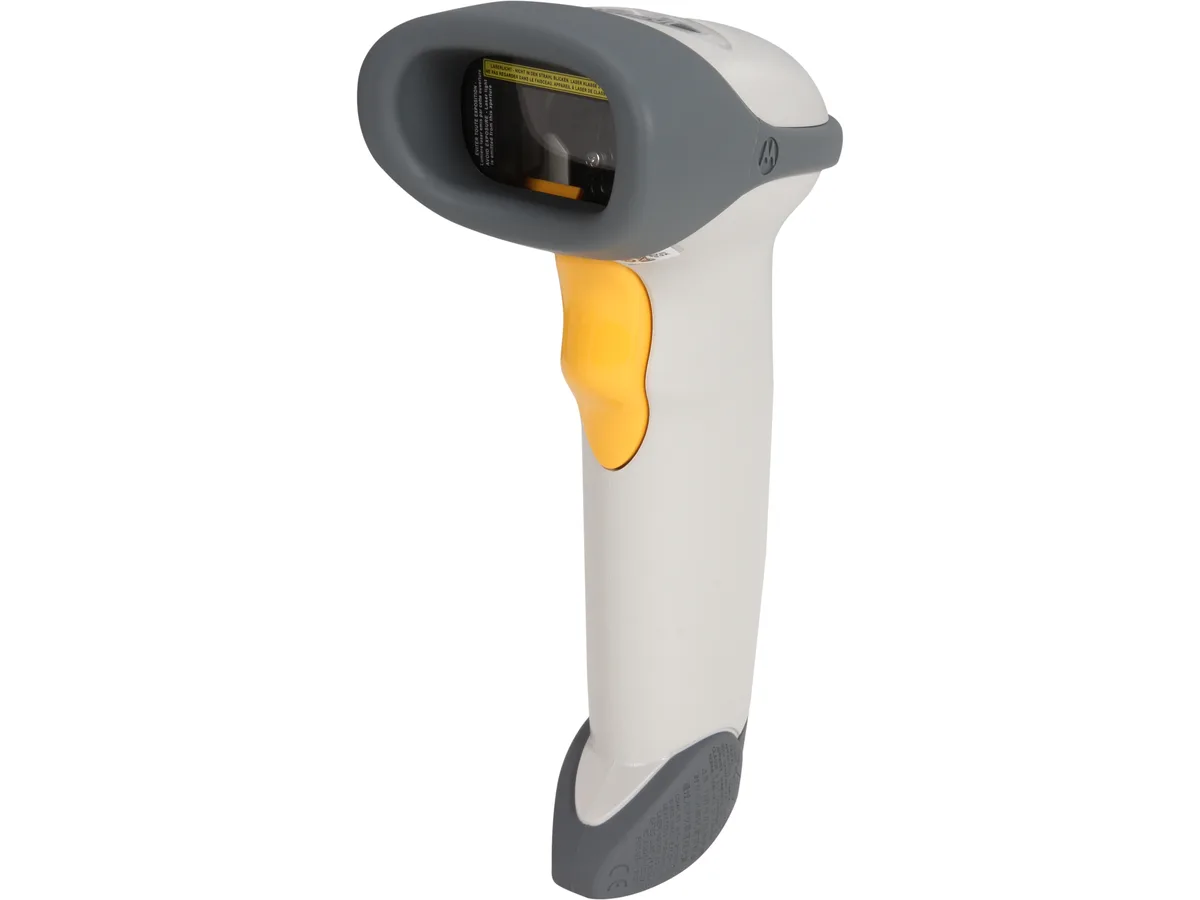 White handheld laser barcode scanner, corded body, no cable included