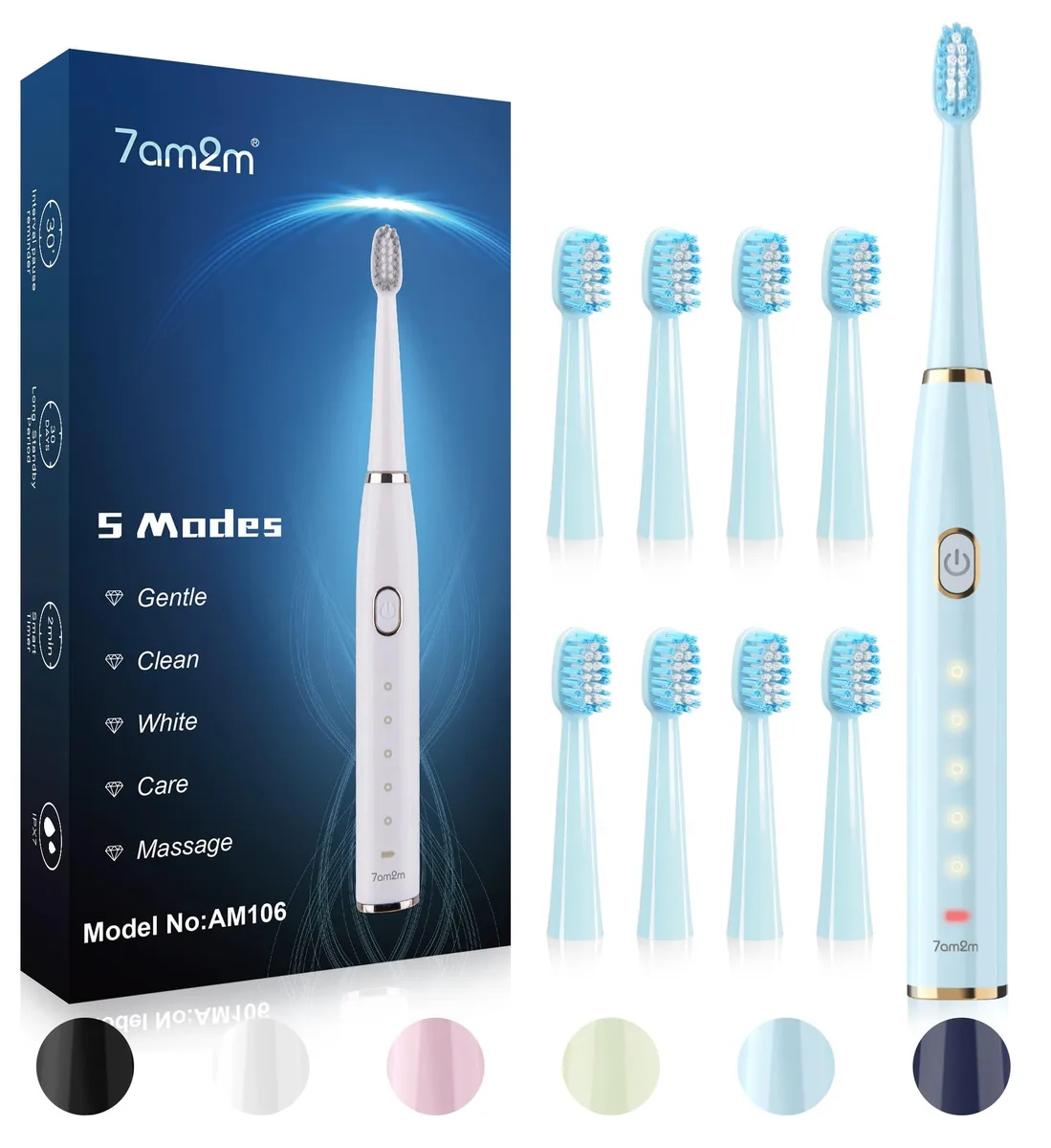 White electric toothbrush handle with blue accents, eight brush heads, charging base