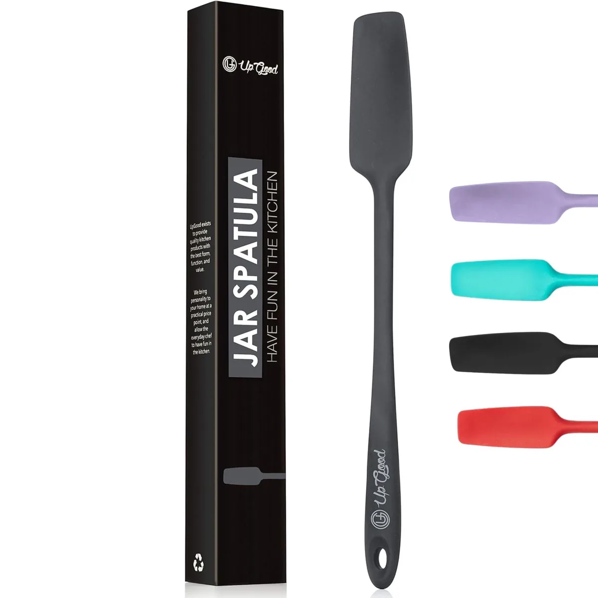 Grey silicone jar spatula with long narrow blade and integrated handle