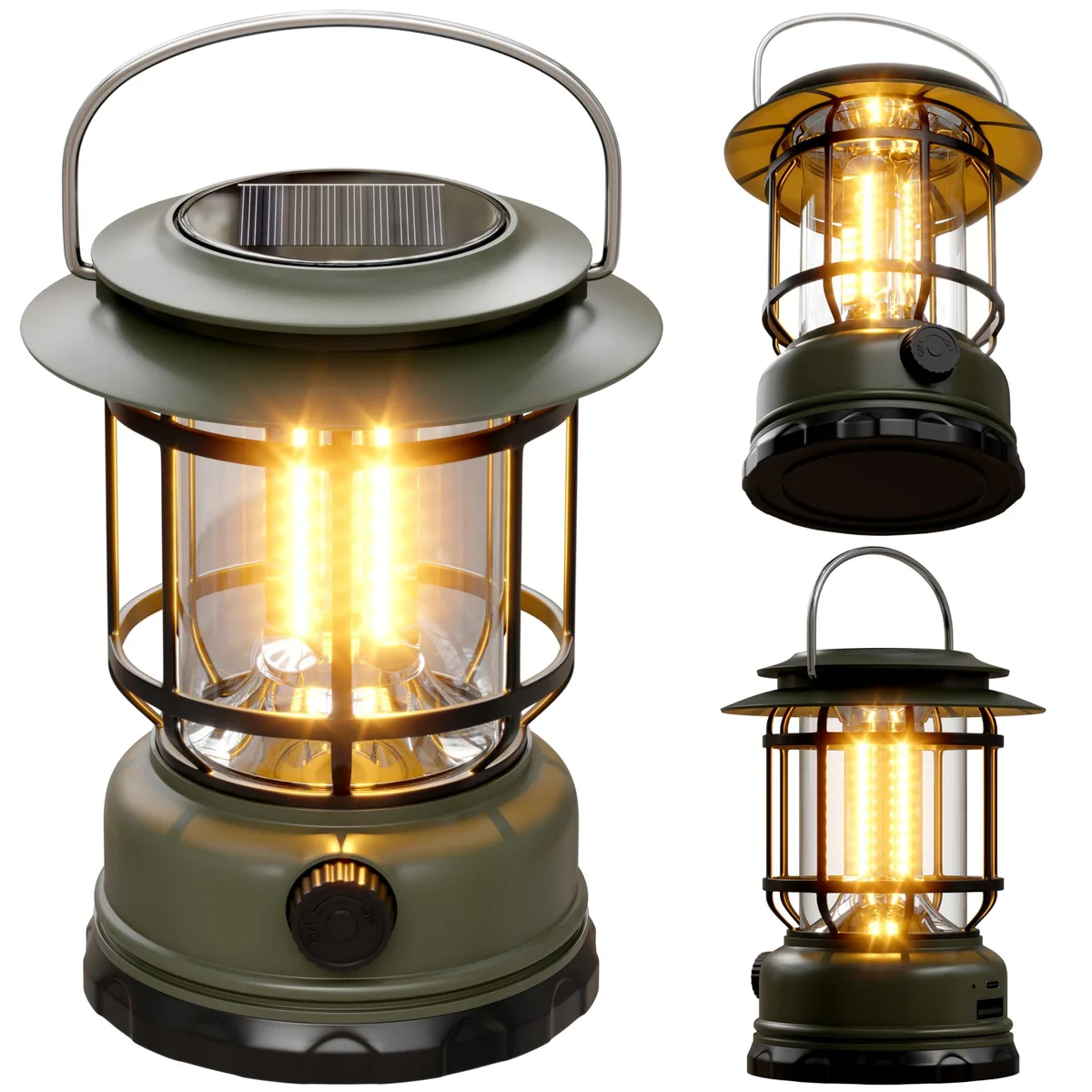 Green retro lantern with solar panel and USB port, IP65 rated, 360-degree light, 1500 lumens, 2600mAh battery
