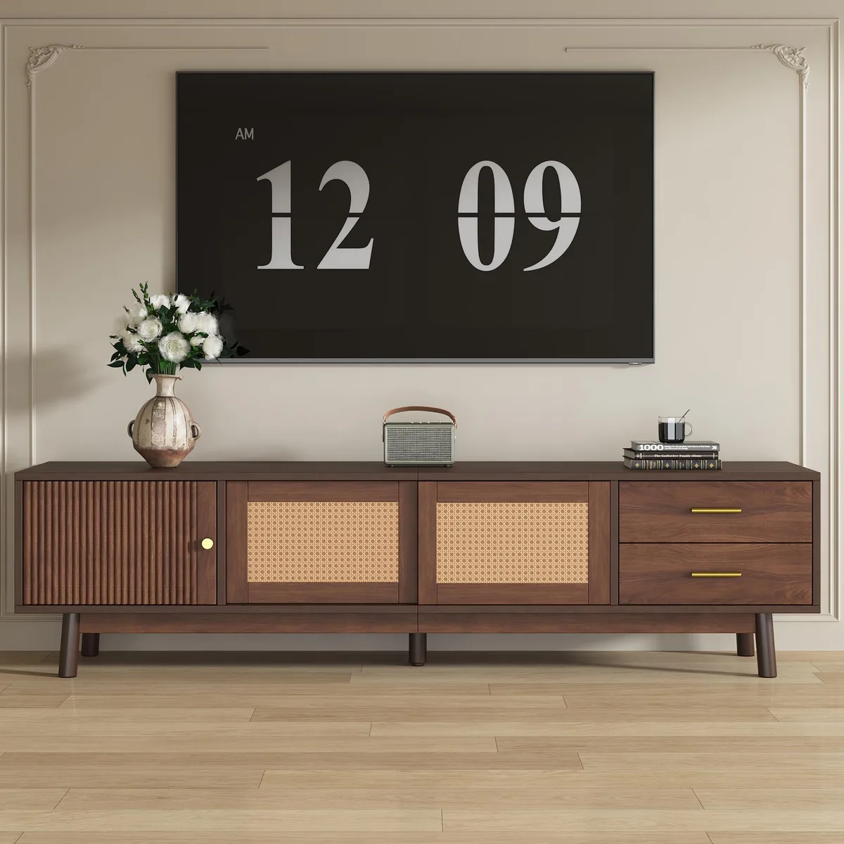 tuphen tuphen TV Stand 80" Dark Brown Rattan Sliding Doors — product photo