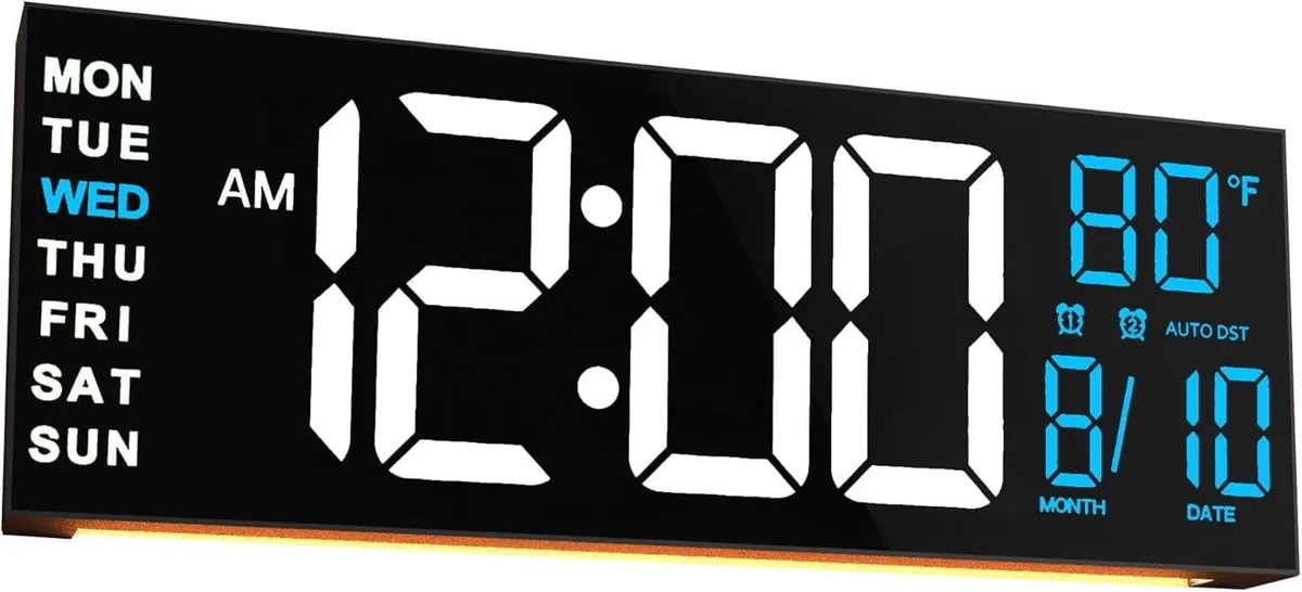 White-blue rectangular digital wall clock, 16-inch LED display with night light at base