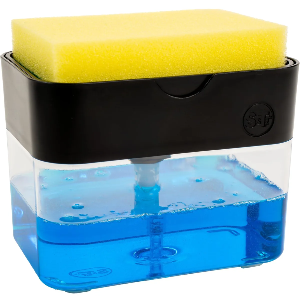 Matte black plastic soap dispenser with integrated sponge holder, 5 inches wide