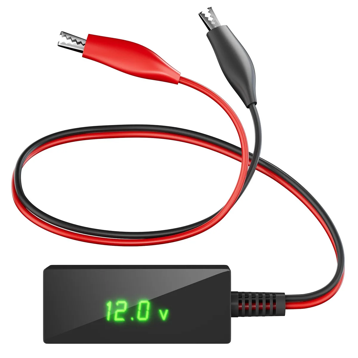 Compact black handheld voltmeter with LCD screen and red black alligator clips