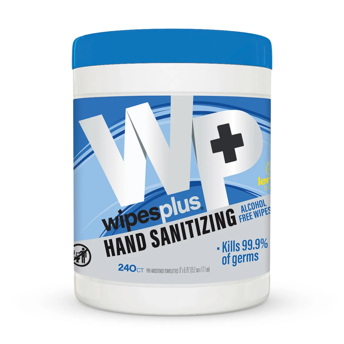 Blue cylindrical canister with flip-top lid containing 240 alcohol-free aloe vera sanitizing wipes