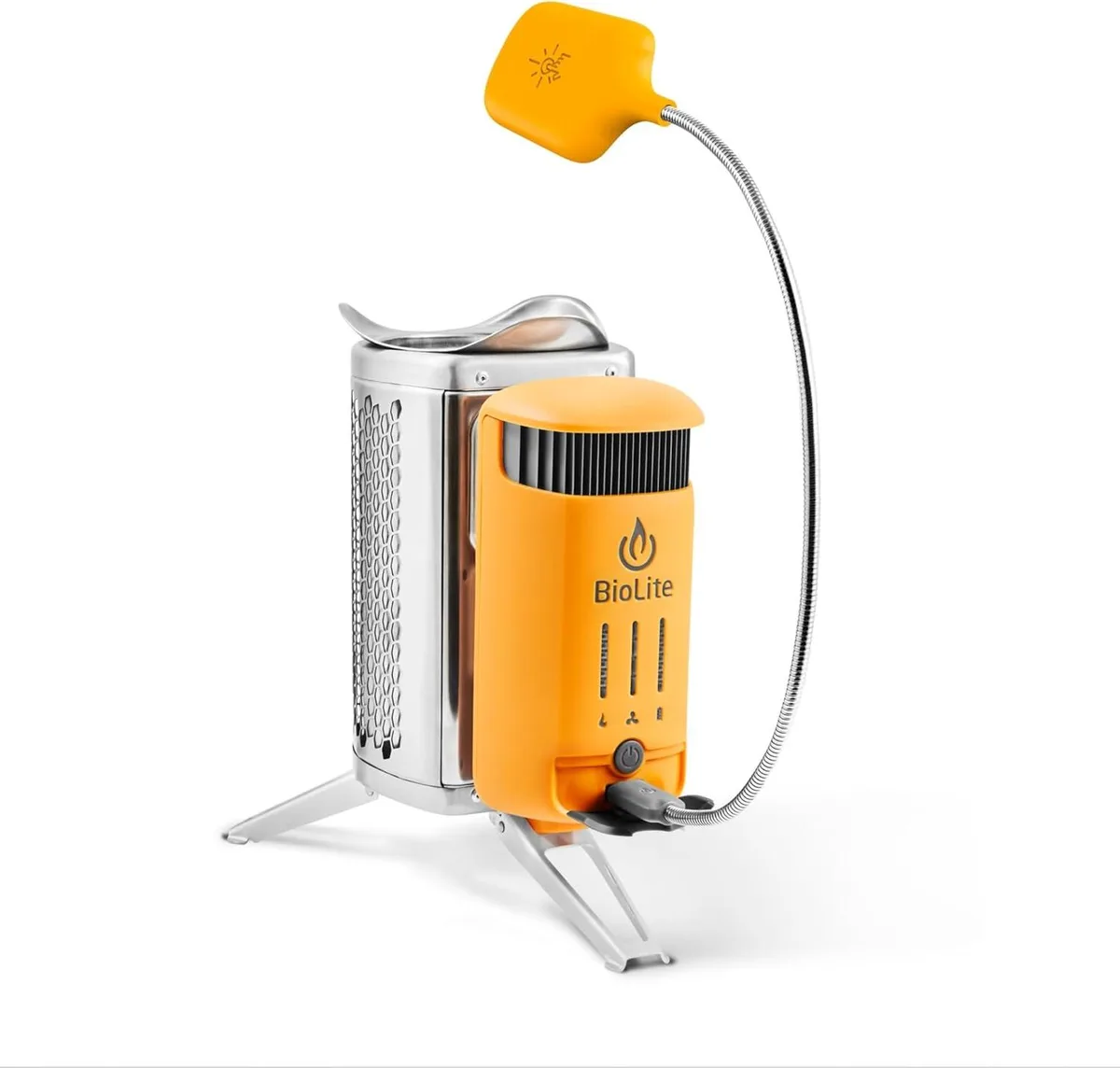 Cylindrical stainless steel camp stove with folding legs, USB port, and integrated battery pack