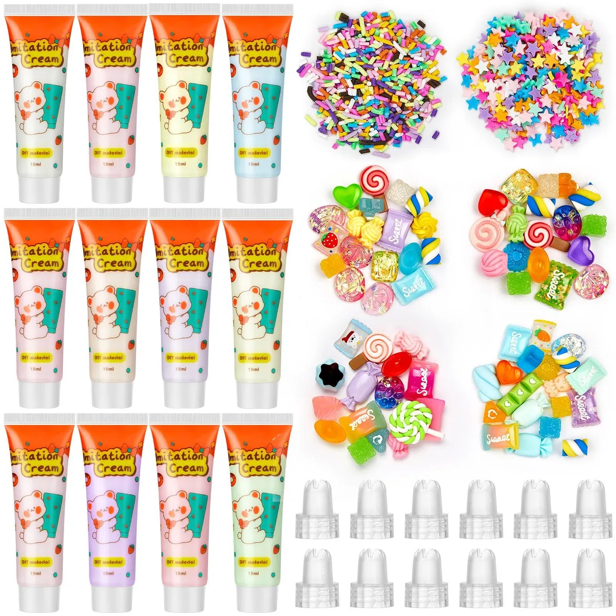 Twelve multicolour whipped cream glue tubes with piping tips and candy charms