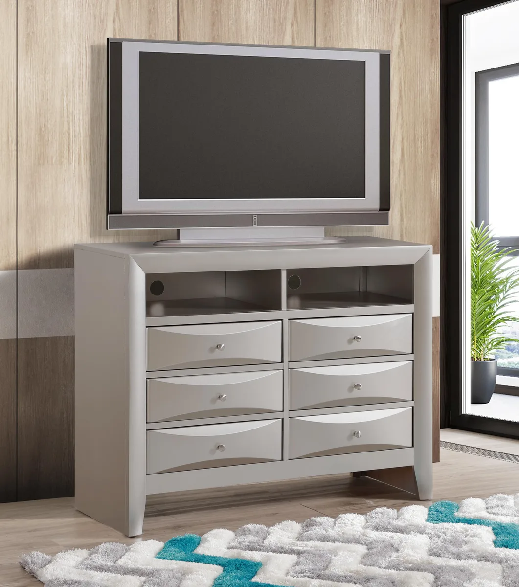 Silver champagne media chest with beveled drawer fronts