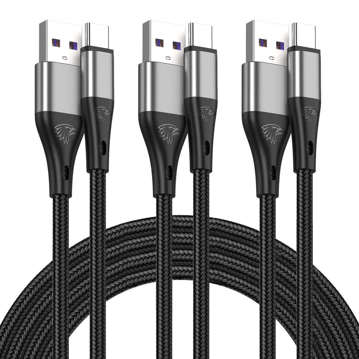 Three grey braided USB A to USB C cables, each 10 ft long