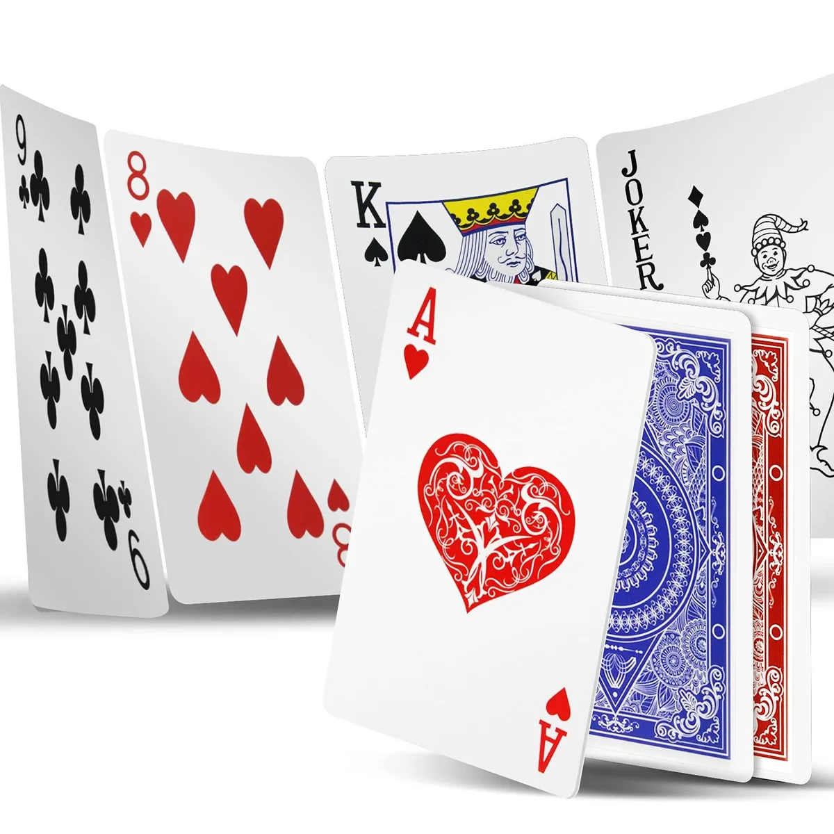 Two decks of black plastic playing cards, standard size 2.5 x 3.5 inches