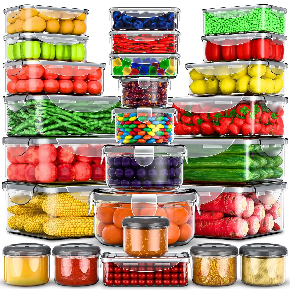 Set of 50 red plastic food containers with matching snap-lock lids, various rectangular and round sizes, stackable design