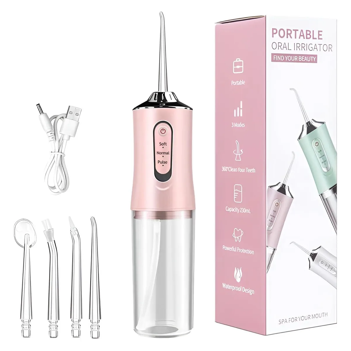 Pink cordless water flosser with detachable 230ml tank and rotating nozzles