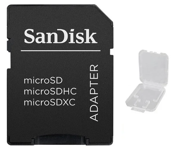 Black SanDisk microSD-to-SDXC adapter in clear plastic case