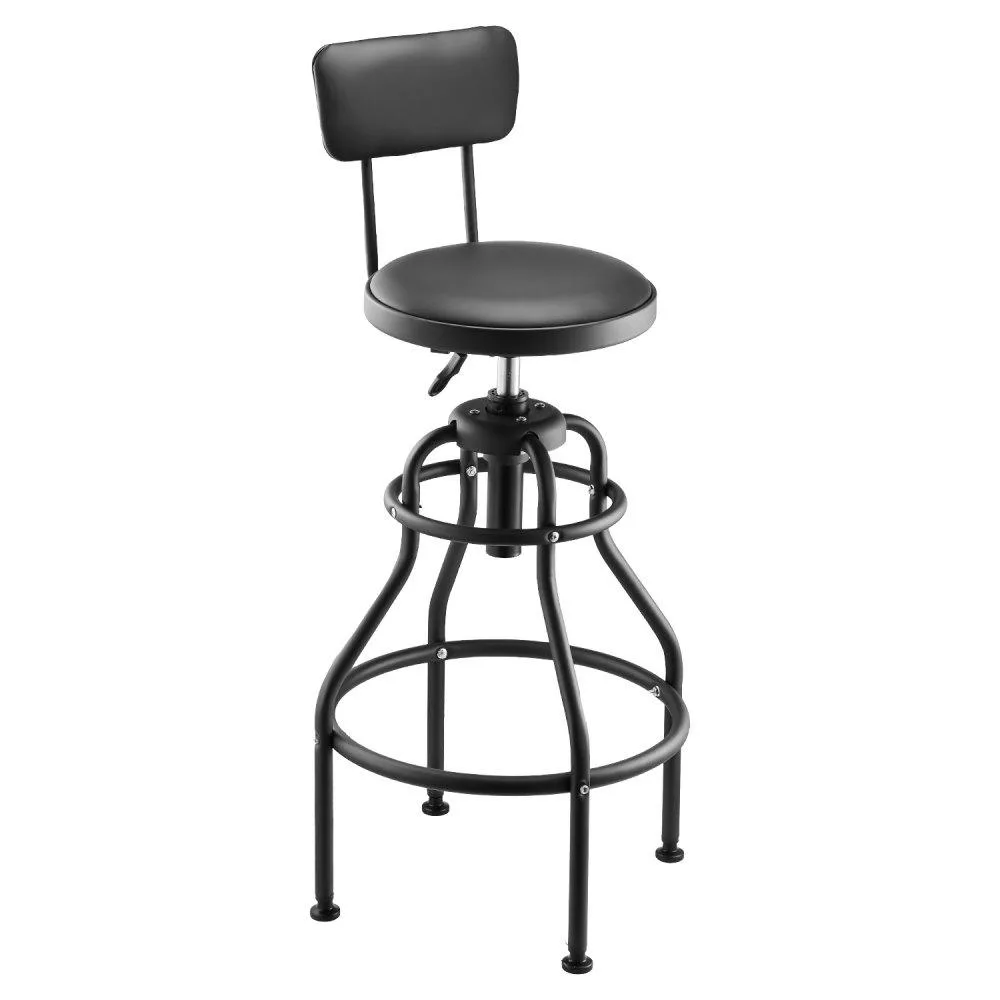 Adjustable garage stool with backrest, black metal frame, padded seat, five caster wheels