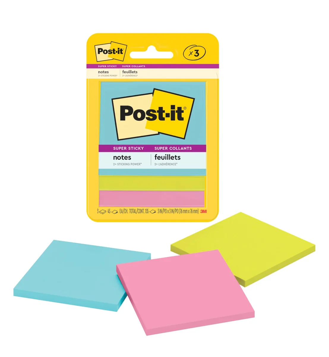 Three square neon sticky-note pads, 45 sheets each