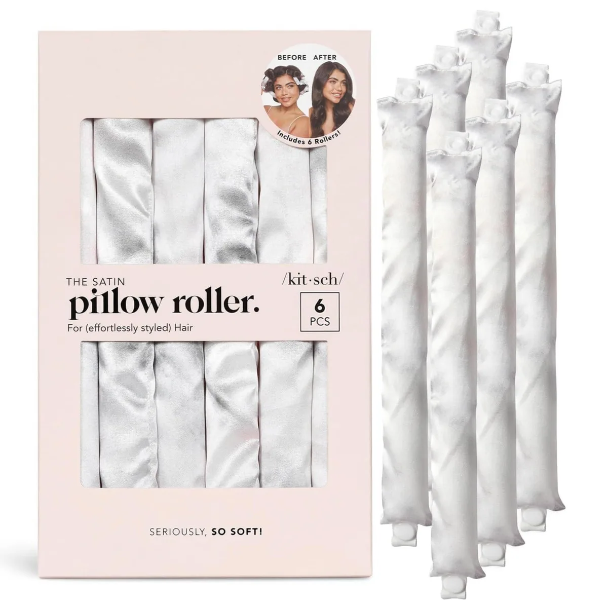 Six flexible satin rollers in marble print, soft cylindrical shape with snap closures
