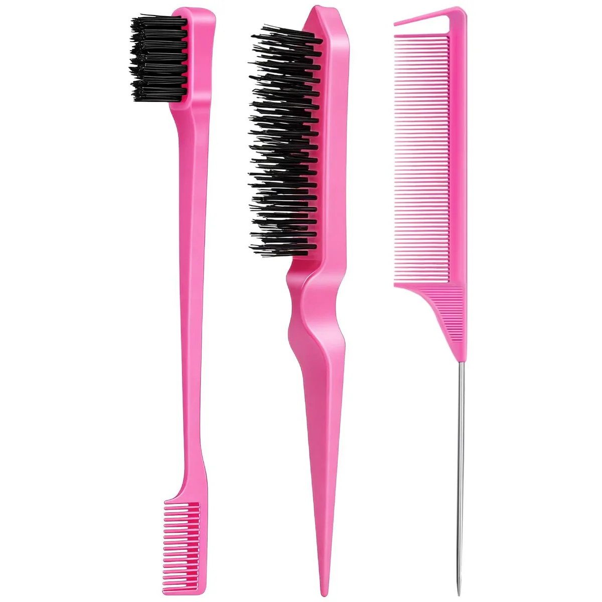 Pink three-piece hair styling set: double-sided edge brush, bristle brush, rat-tail comb