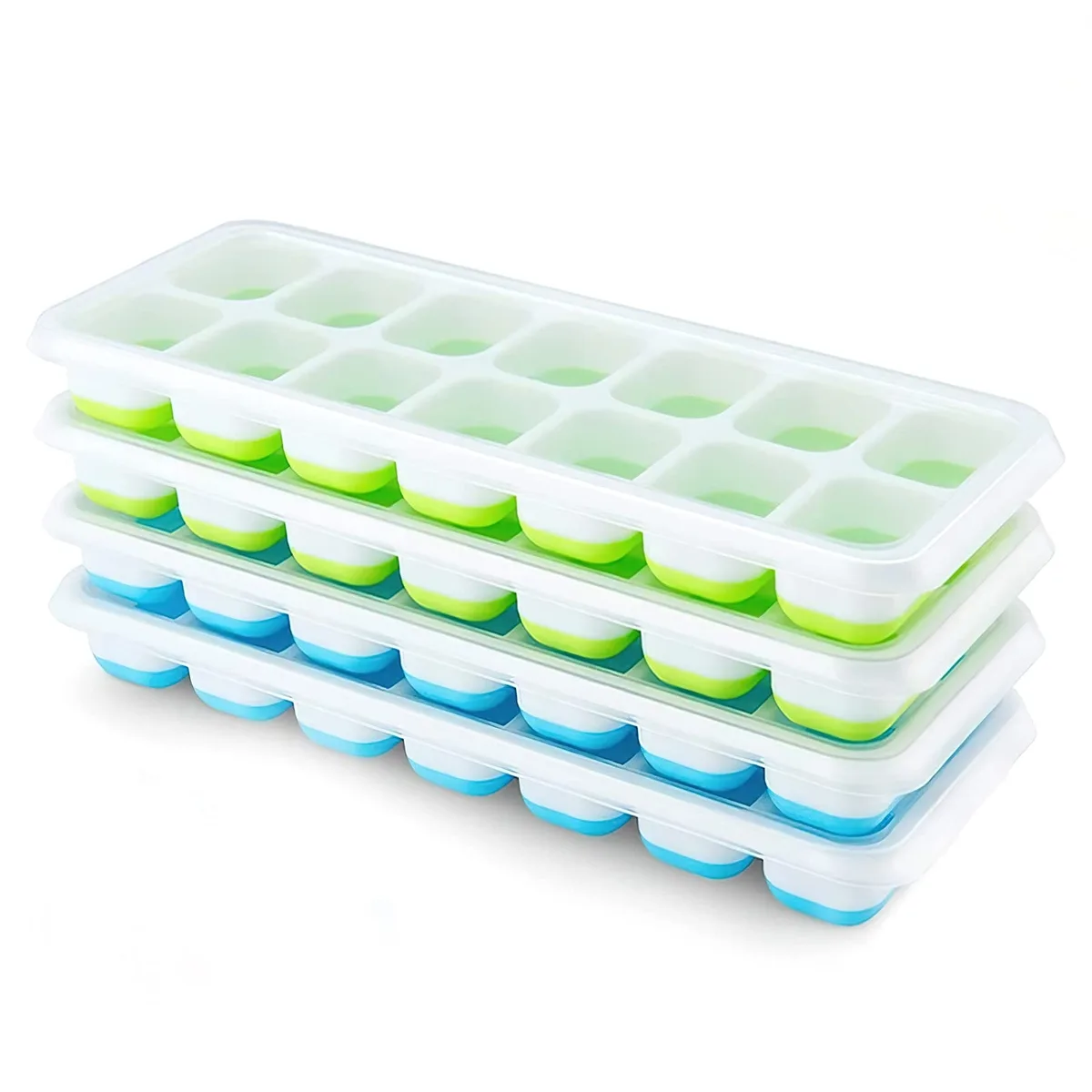 Four rectangular silicone ice cube trays with removable lids, blue green pink orange, stacked