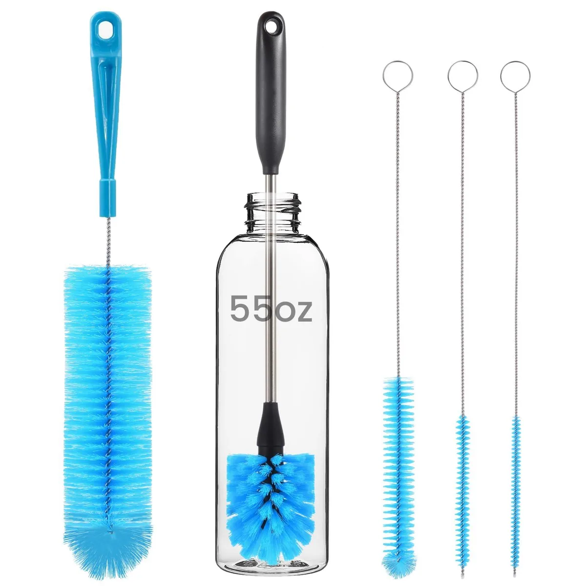 Five blue bottle and straw brushes with stainless steel handles and hanging holes