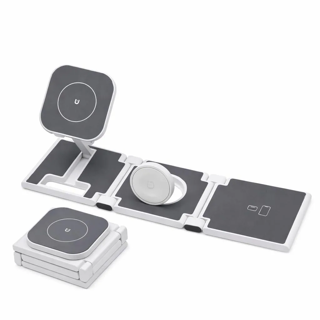 White foldable 3-in-1 wireless charger for iPhone, Apple Watch and AirPods