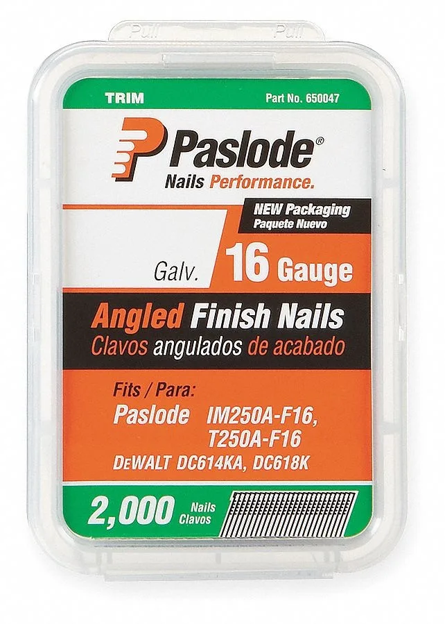 Box of 2000 angled galvanized finish nails, 16 gauge, 2 inch length
