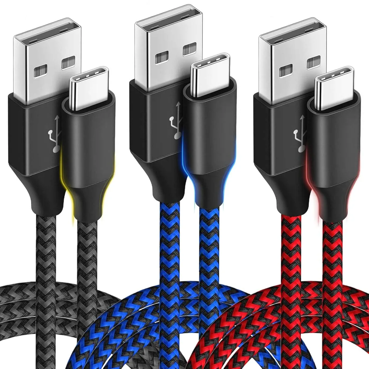 lelisten lelisten USB A to USB C Cable 10ft 3 Pack Black Blue Red — product photo