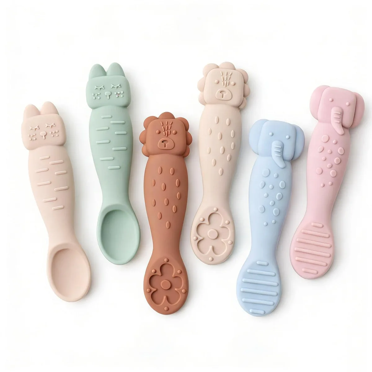 Six soft silicone baby spoons with textured handles and varied tip shapes