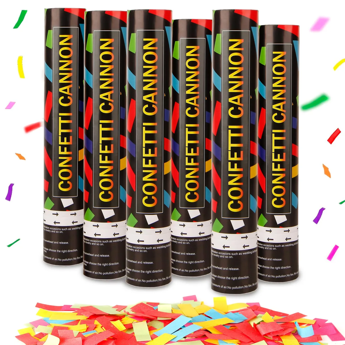 Six blue 12 inch confetti cannons in a pack of 6