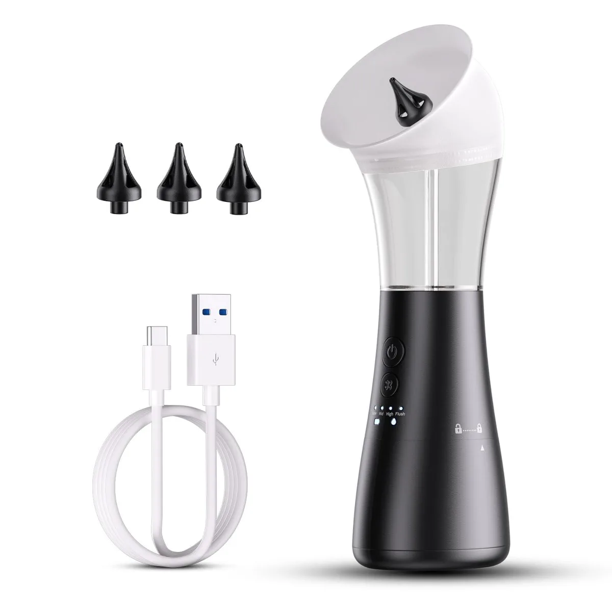 Black and white electric ear cleaner with nozzles and charging cable