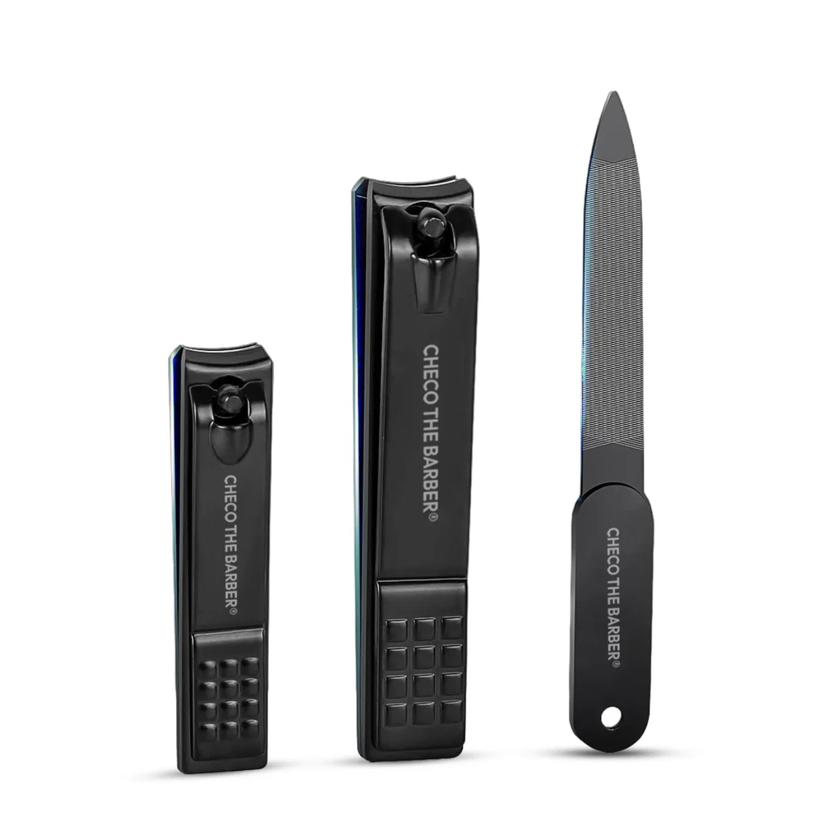 Black stainless steel nail clipper set with two curved clippers and a nail file