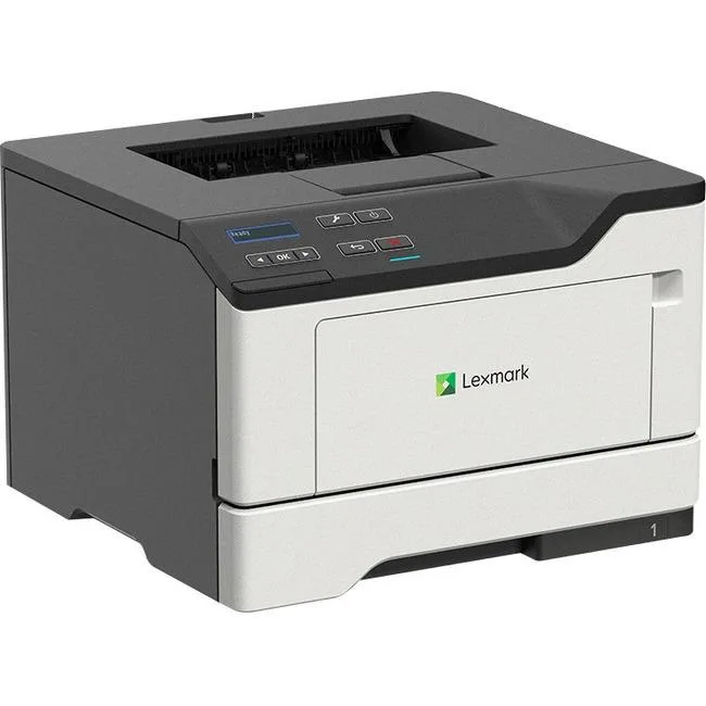 White rectangular desktop laser printer with front paper tray and control panel