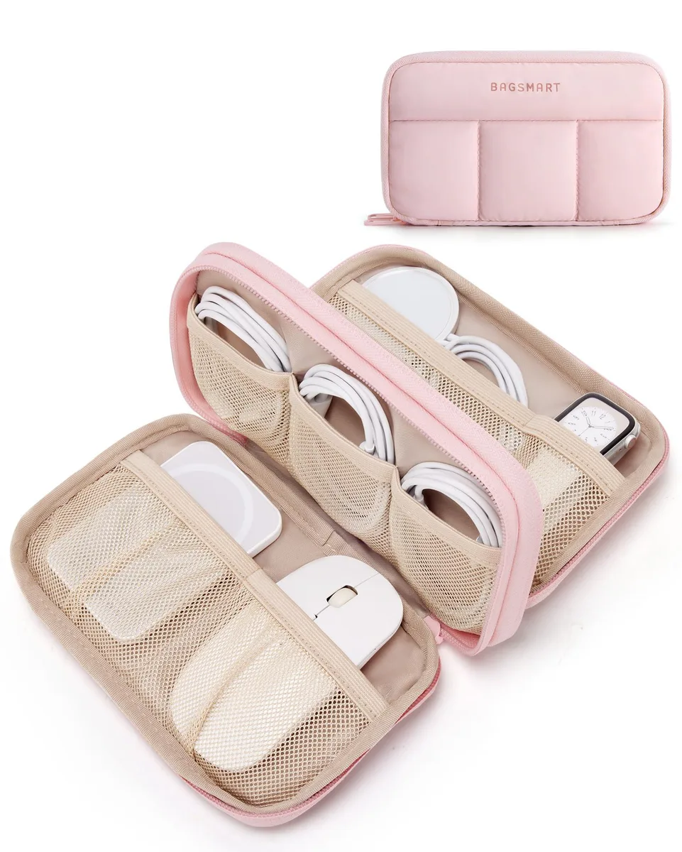 Pink quilted electronics organizer with zipper and shoulder strap, dual-layer mesh pockets inside
