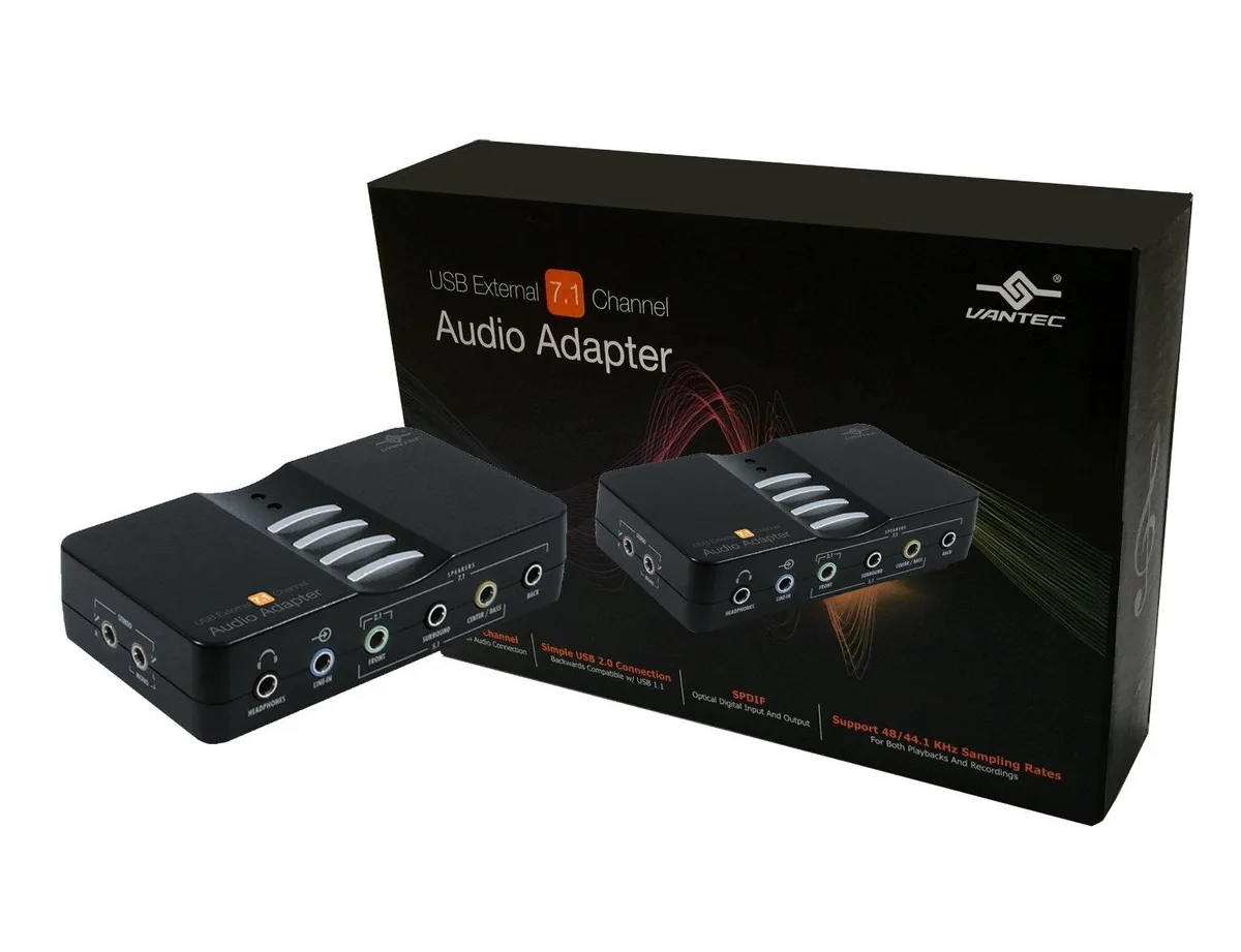 Small black rectangular USB audio adapter with matte finish