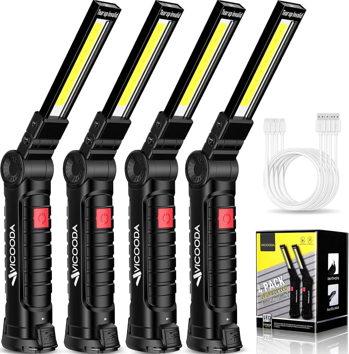 Four compact rectangular LED work lights with matte black ABS bodies and stainless steel accents, each showing a magnetic base