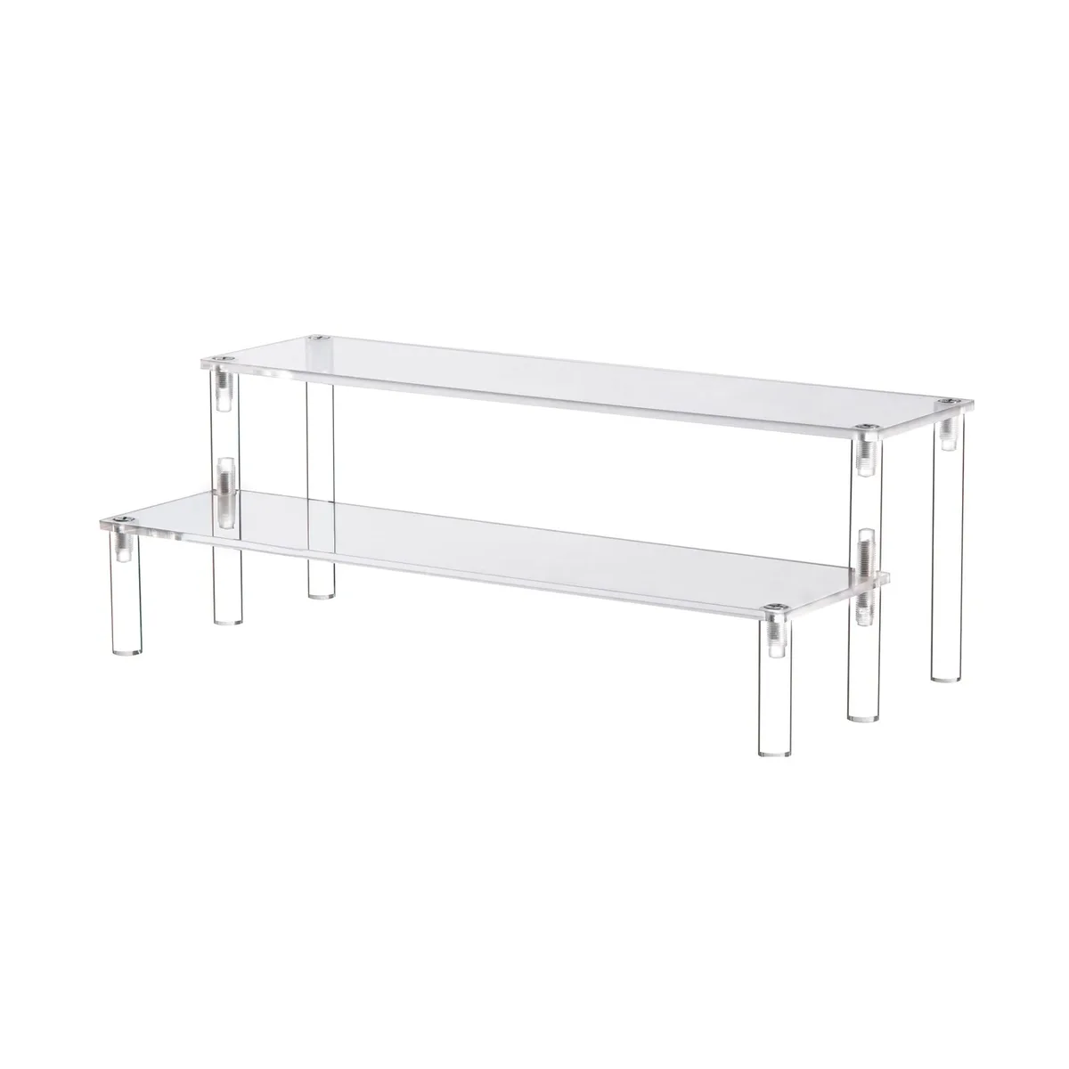Clear acrylic two-tier rectangular display riser, polished finish