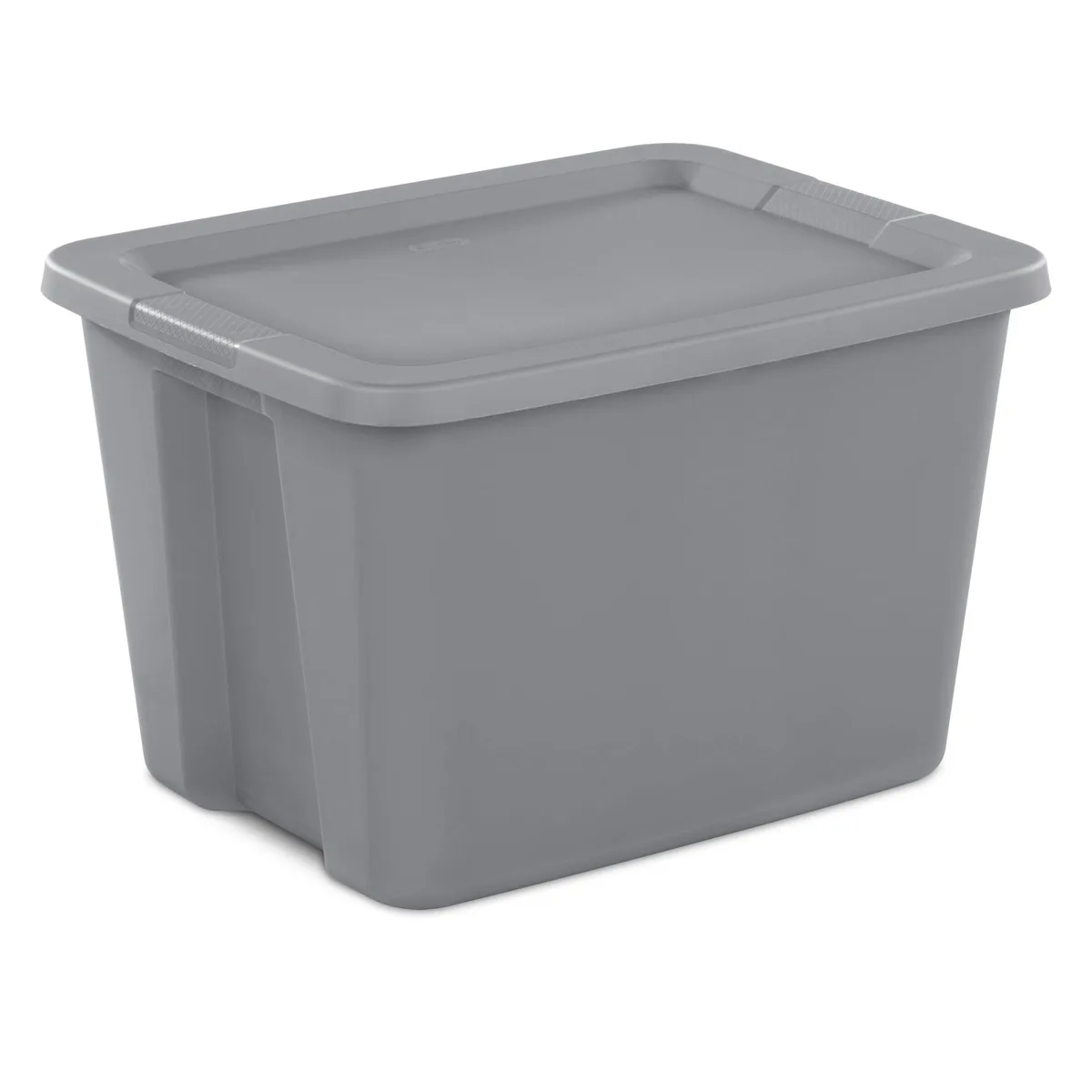 Gray plastic storage bin with snap-on lid and integrated handles