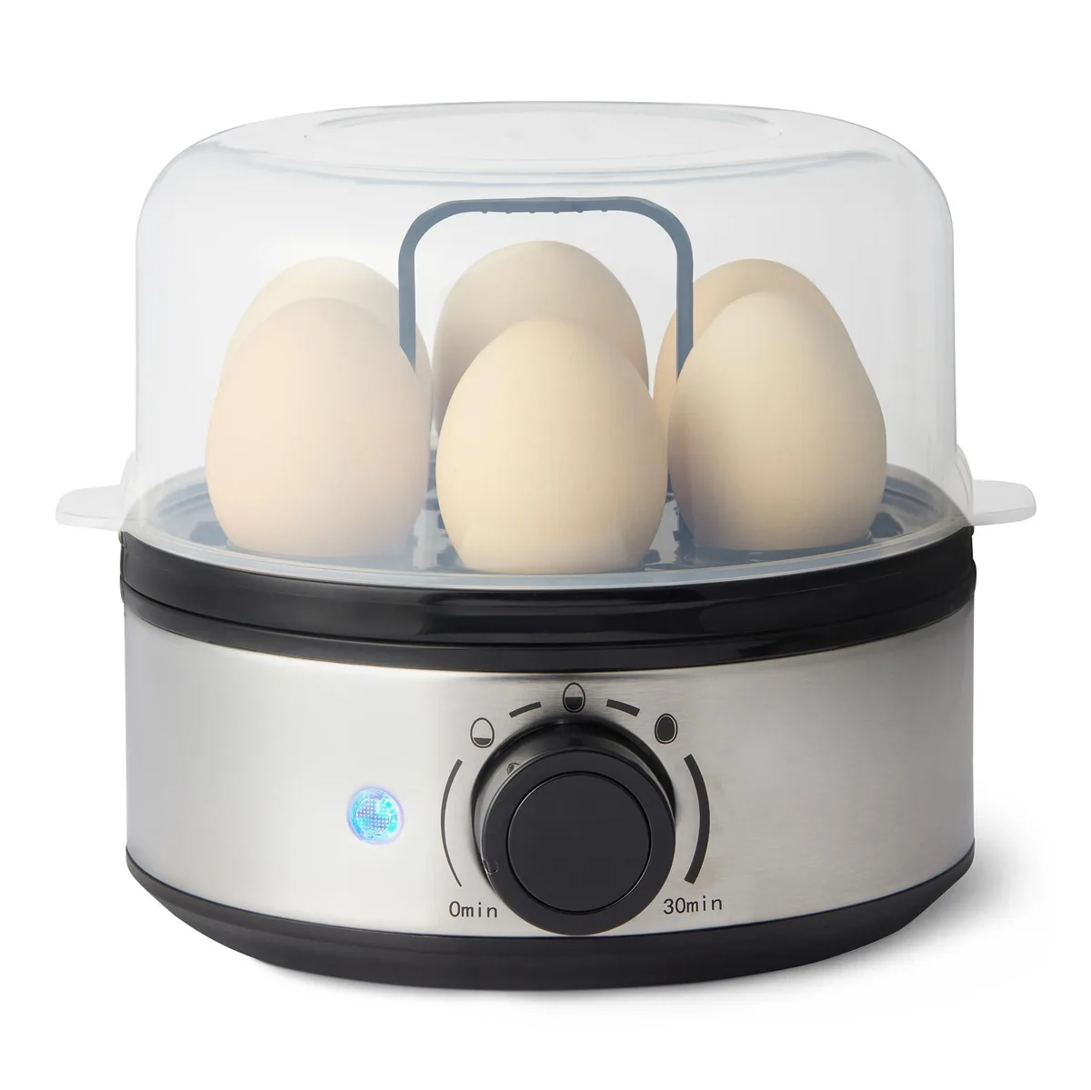 Compact black egg cooker with stainless steel accents, 7-egg capacity, includes poaching tray and measuring cup